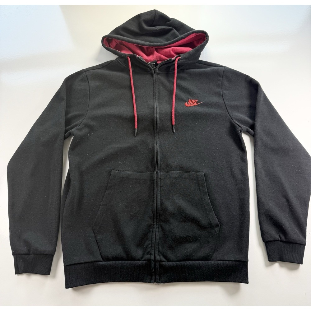 Nike Full Zip Hoodie Black Red Swoosh L Mens Double pocket casual‎ streetwear